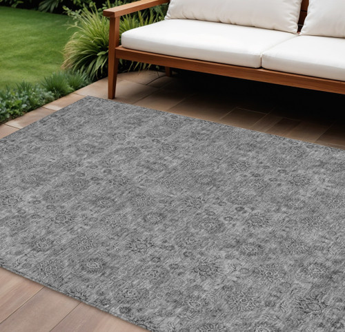 9' X 12' Gray Silver And Charcoal Floral Washable Indoor Outdoor Area Rug