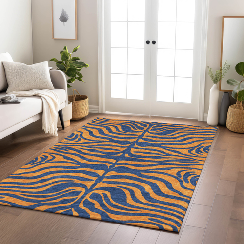8' X 10' Navy Blue And Pink Animal Print Washable Indoor Outdoor Area Rug
