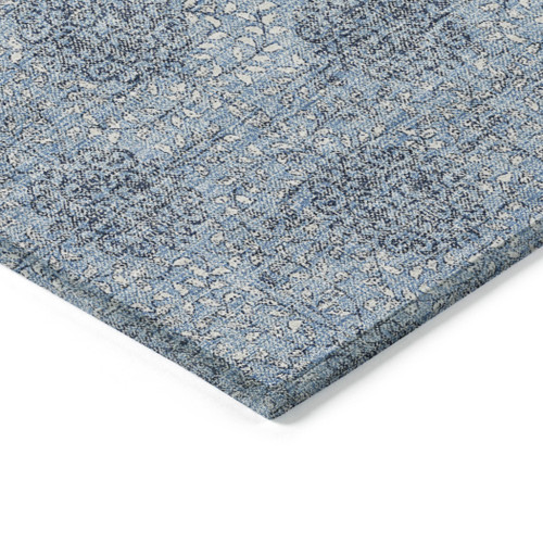 8' Blue And Ivory Round Damask Washable Indoor Outdoor Area Rug