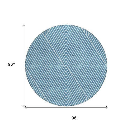 8' Teal Blue And Ivory Round Geometric Washable Indoor Outdoor Area Rug