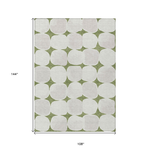 9' X 12' Green And Beige Abstract Washable Indoor Outdoor Area Rug