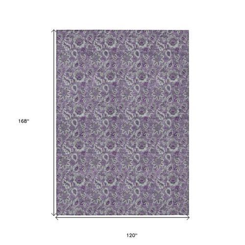 10' X 14' Purple Lilac And Lavender Floral Washable Indoor Outdoor Area Rug