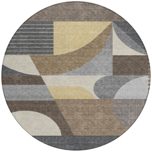 8' Brown Taupe And Wheat Round Geometric Washable Indoor Outdoor Area Rug