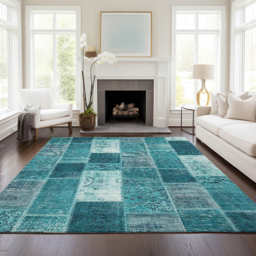 9' X 12' Teal Blue Aqua And Turquoise Patchwork Washable Indoor Outdoor Area Rug