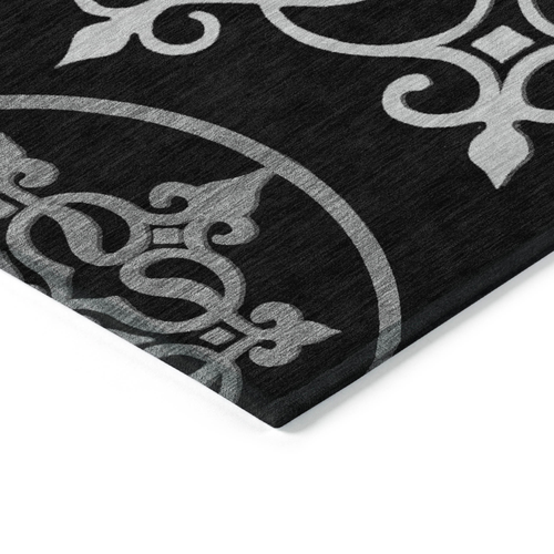 8' X 10' Black Gray And Ivory Floral Medallion Washable Indoor Outdoor Area Rug