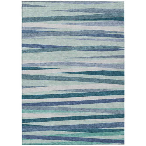 9' X 12' Teal Blue Gray And Ivory Striped Washable Indoor Outdoor Area Rug