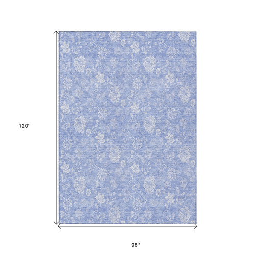 8' X 10' Sky Blue Denim Blue And Ivory Floral Washable Indoor Outdoor Area Rug