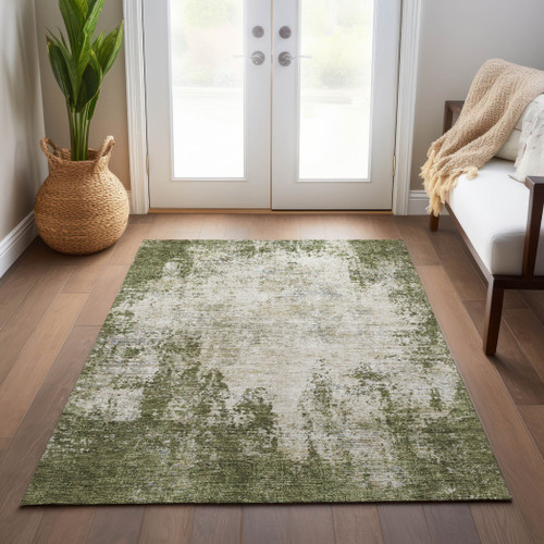 9' X 12' Olive Green And Ivory Abstract Washable Indoor Outdoor Area Rug