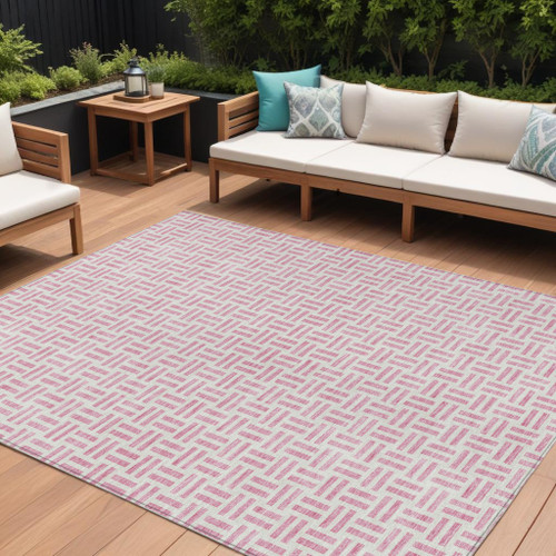 8' X 10' Pink And Ivory Geometric Washable Indoor Outdoor Area Rug - Pink, Ivory