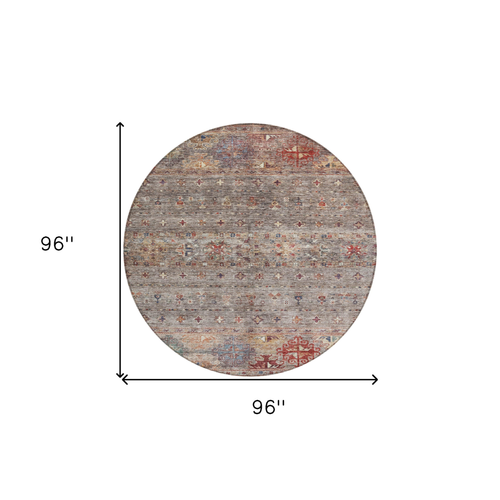 8' Gray Tan And Terra Cotta Round Floral Washable Indoor Outdoor Area Rug