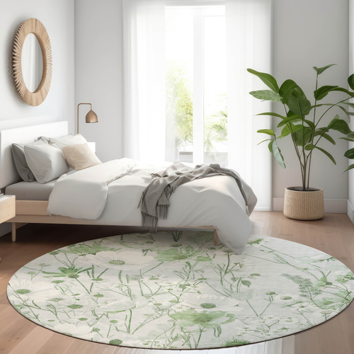 8' Mint Green And Ivory Round Floral Washable Indoor Outdoor Area Rug