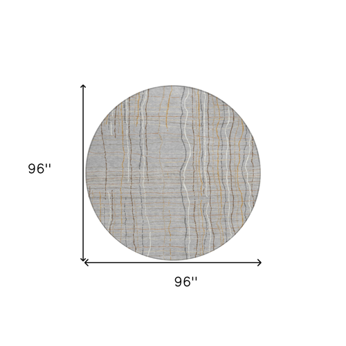 8' Gray Brown And Ivory Round Striped Washable Indoor Outdoor Area Rug