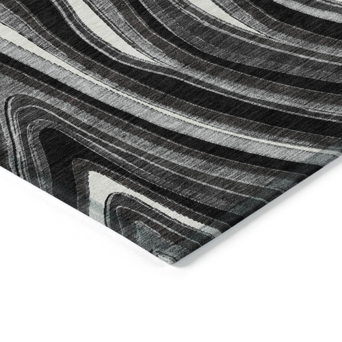 8' Black Gray And White Round Abstract Washable Indoor Outdoor Area Rug