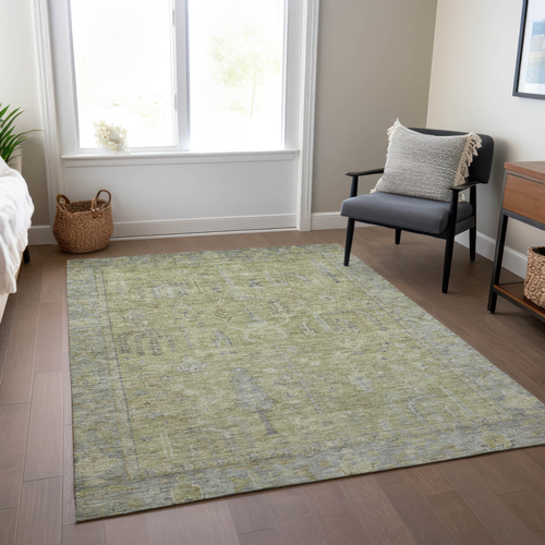 9' X 12' Artichoke Green And Gray Oriental Washable Indoor Outdoor Area Rug