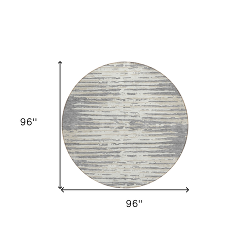 8' Gray And Ivory Round Striped Washable Indoor Outdoor Area Rug