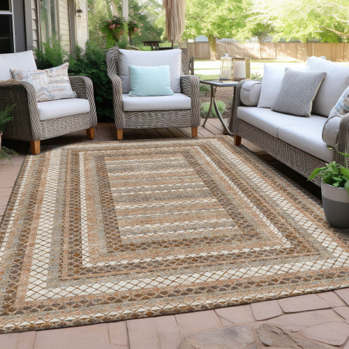 10' X 14' Chocolate And Beige Geometric Washable Indoor Outdoor Area Rug - Chocolate, Beige