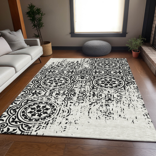 8' X 10' Black And Ivory Medallion Washable Indoor Outdoor Area Rug