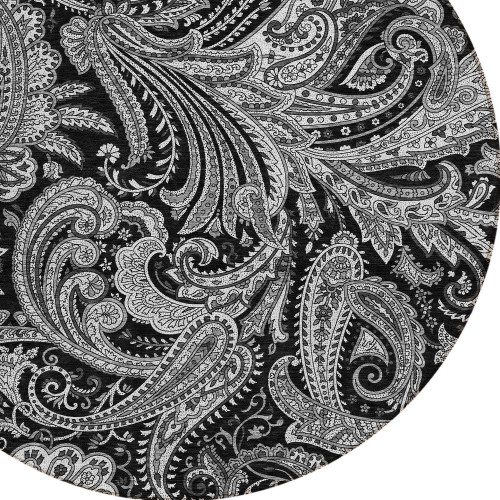 8' Black Gray And White Round Paisley Washable Indoor Outdoor Area Rug