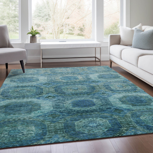 10' X 14' Blue And Ivory Medallion Washable Indoor Outdoor Area Rug