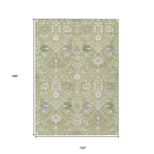 10' X 14' Artichoke Green Gray And Ivory Oriental Washable Indoor Outdoor Area Rug