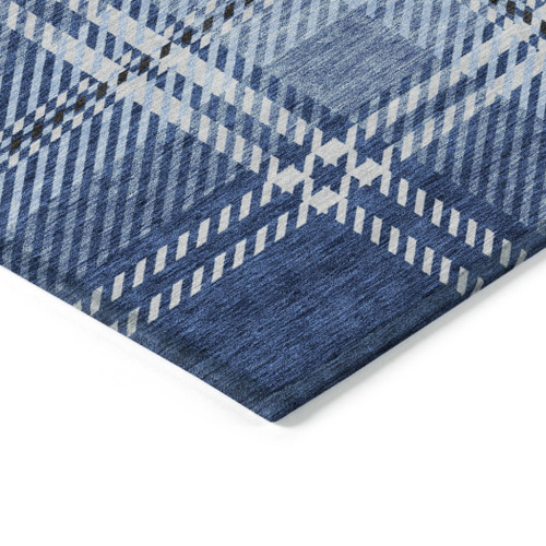 10' X 14' Navy Blue Black And Ivory Plaid Washable Indoor Outdoor Area Rug