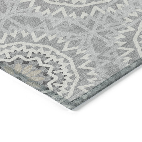 9' X 12' Gray Silver And Ivory Floral Medallion Washable Indoor Outdoor Area Rug