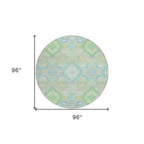 8' Mint Green Blue And Ivory Round Oriental Washable Indoor Outdoor Area Rug