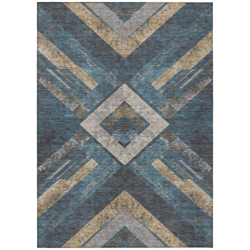 9' X 12' Navy Blue And Beige Geometric Washable Indoor Outdoor Area Rug