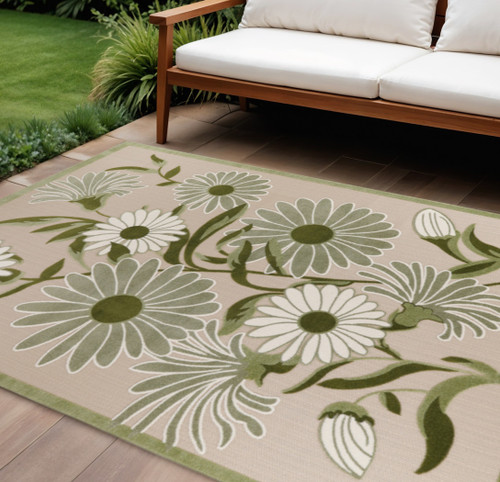 9' X 12' Ivory And Green Floral Indoor Outdoor Area Rug