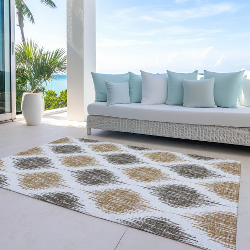 10' X 14' Chocolate And Ivory Ikat Washable Indoor Outdoor Area Rug