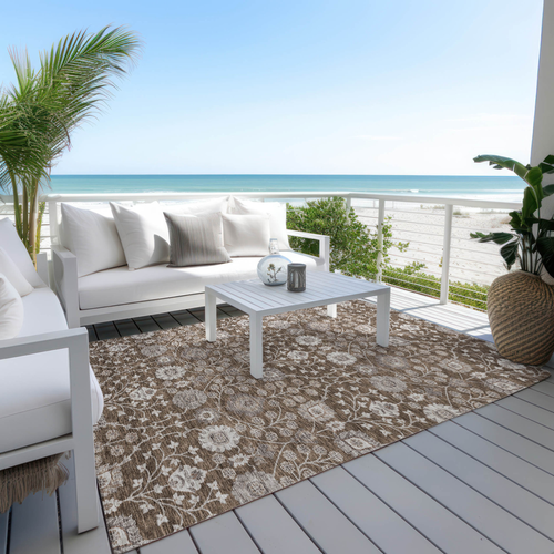 10' X 14' Chocolate Beige And Gray Floral Washable Indoor Outdoor Area Rug