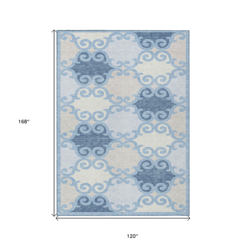 10' X 14' Sky Blue Gray And Ivory Trellis Washable Indoor Outdoor Area Rug