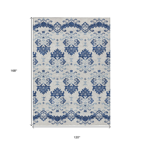 10' X 14' Navy Blue Beige And Denim Blue Oriental Washable Indoor Outdoor Area Rug