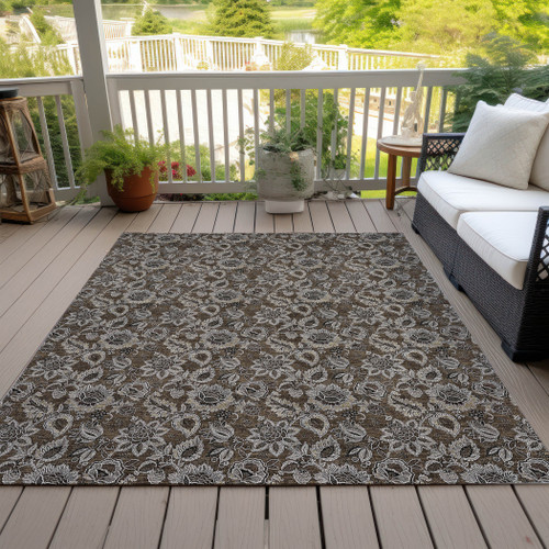 9' X 12' Chocolate And Charcoal Floral Washable Indoor Outdoor Area Rug