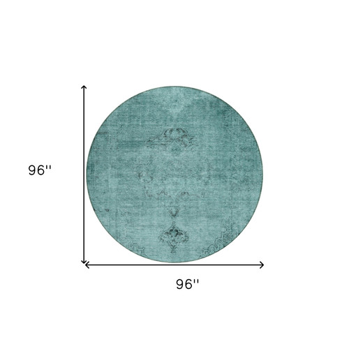 8' Teal Blue Turquoise And Charcoal Round Oriental Washable Indoor Outdoor Area Rug