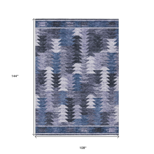 9' X 12' Navy Blue And Sky Blue Southwestern Washable Indoor Outdoor Area Rug