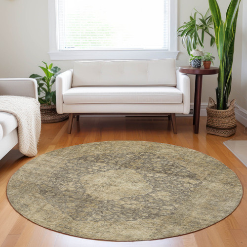 8' Brown And Beige Round Medallion Washable Indoor Outdoor Area Rug