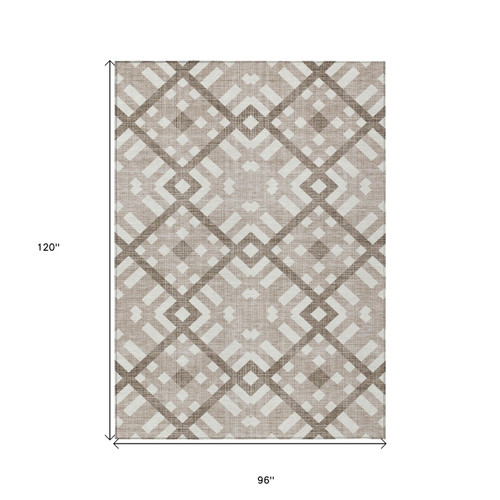 8' X 10' Taupe Brown And Ivory Geometric Washable Indoor Outdoor Area Rug