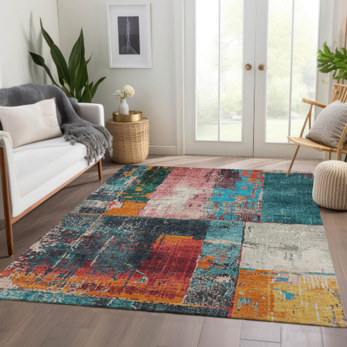9' X 12' Teal Blue And Orange Abstract Washable Indoor Outdoor Area Rug