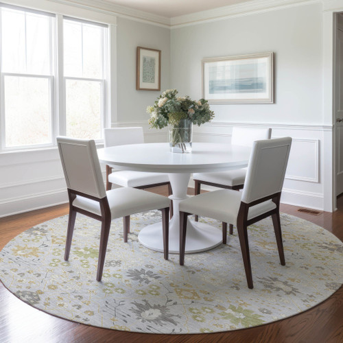 8' Silver Gray And Gold Round Oriental Washable Indoor Outdoor Area Rug