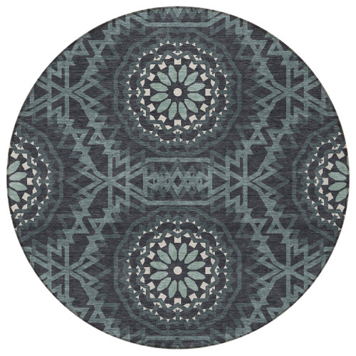 8' Charcoal Gray And Ivory Round Floral Medallion Washable Indoor Outdoor Area Rug
