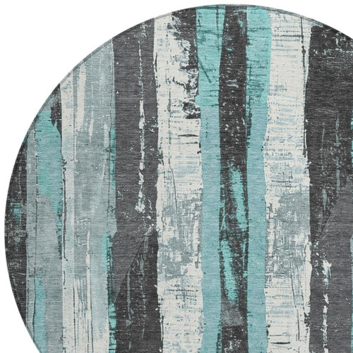 8' Teal Blue And Gray Round Striped Washable Indoor Outdoor Area Rug - Teal Blue, Gray
