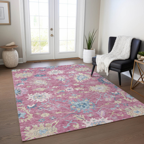 10' X 14' Pink Ivory And Denim Blue Floral Washable Indoor Outdoor Area Rug