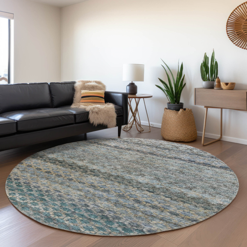 8' Teal Blue Light Blue And Gray Round Striped Washable Indoor Outdoor Area Rug