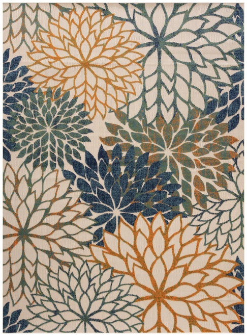 10' X 14' Blue Green And Orange Floral Indoor Outdoor Area Rug