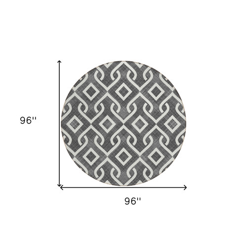 8' Black And Ivory Round Geometric Washable Indoor Outdoor Area Rug