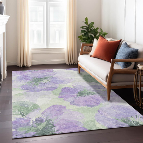 10' X 14' Lavender And Artichoke Green Floral Washable Indoor Outdoor Area Rug