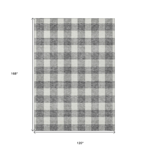10' X 14' Gray And Charcoal Plaid Washable Indoor Outdoor Area Rug