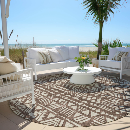 8' Brown And Beige Round Southwestern Washable Indoor Outdoor Area Rug