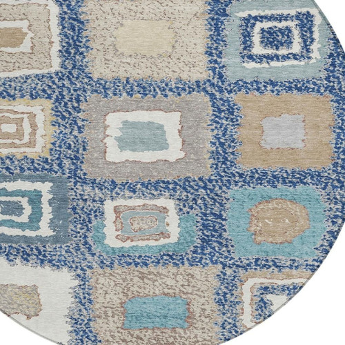 8' Navy Blue Beige And Ivory Round Geometric Washable Indoor Outdoor Area Rug - Navy Blue, Beige, Ivory